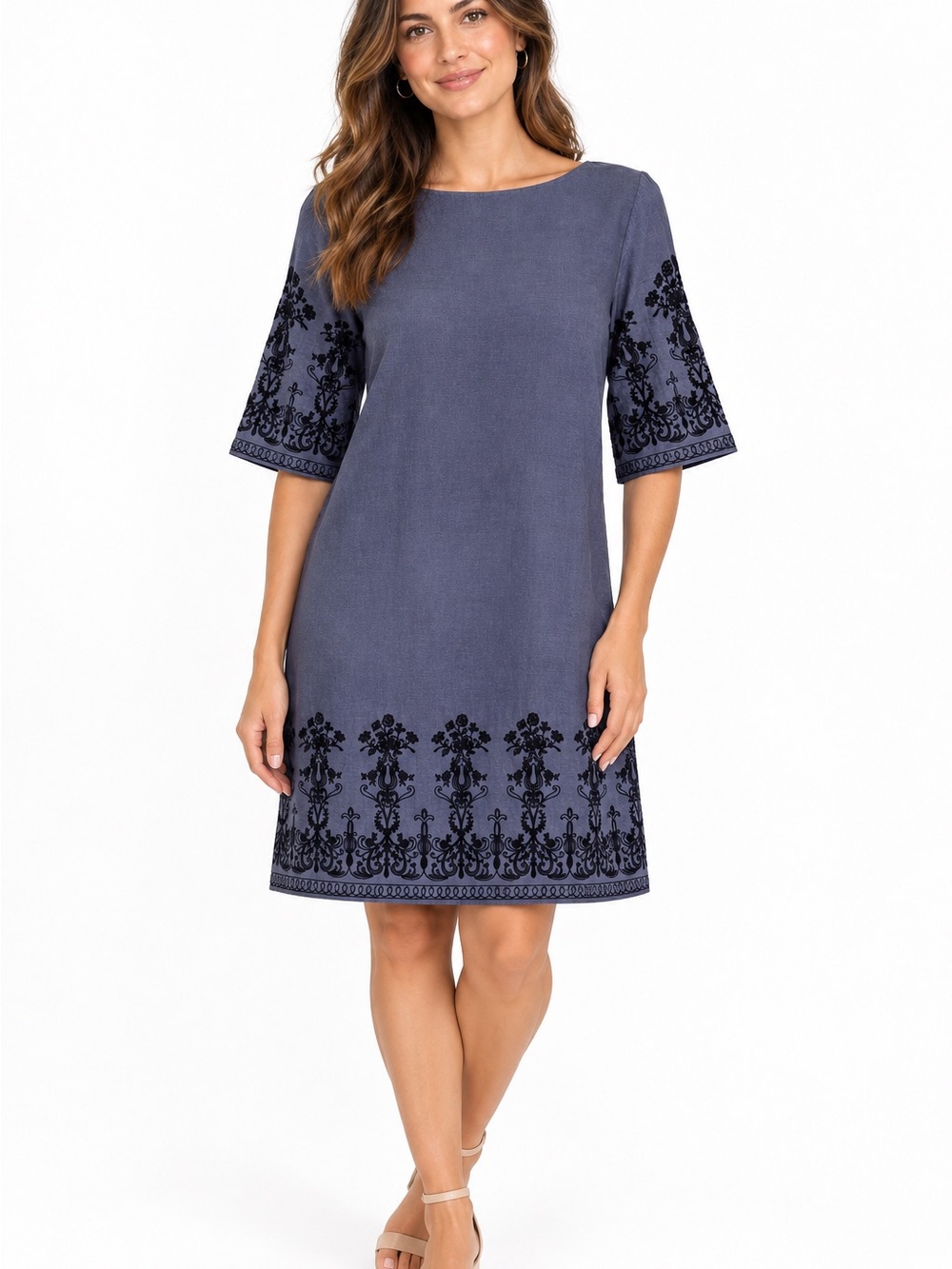 Korean Made Blue Gray Embroidered Tunic Dress Black Floral Detail Cotton Sz M/L